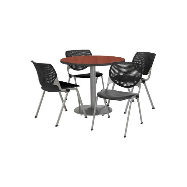 42" Round Dining Table & Chair Set, Mahogany Table With Black Plastic Chairs